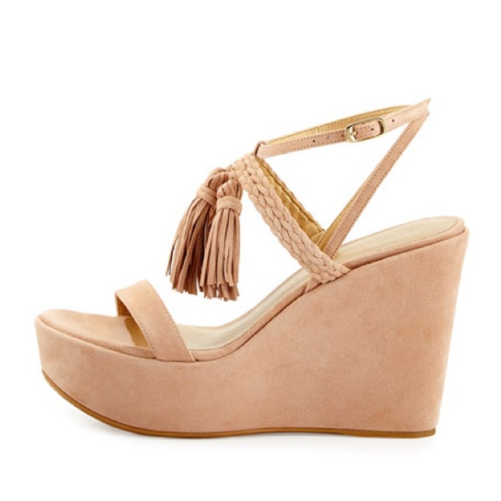 Stuart Weitzman Tasselmania Suede Wedge Sandal, Beige, Size 10.5 - Picture 2 of 11